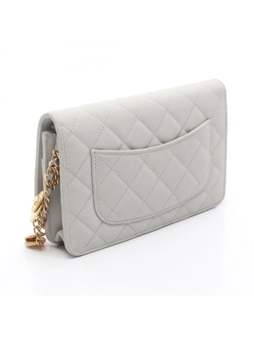Chanel Shoulder Bag Quilted Light Gray Caviar Leather Chain Wallet